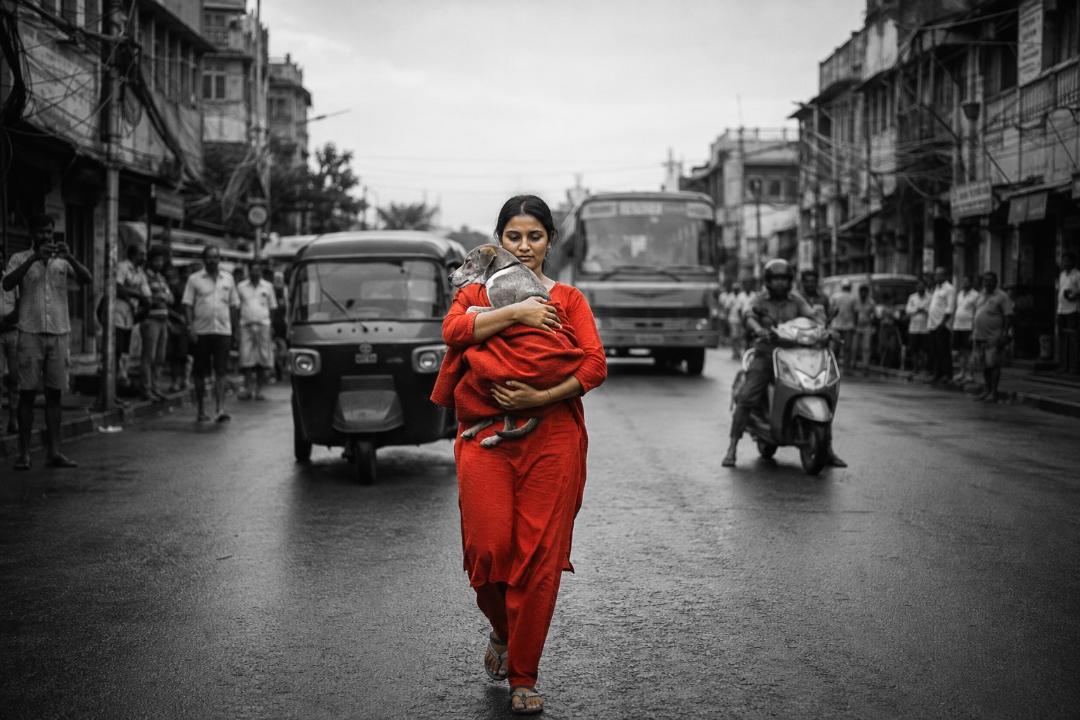 A woman in red walking down the middle of an Indian street, carrying a street dog wrapped in a blanket, while the traffic around her stands still.