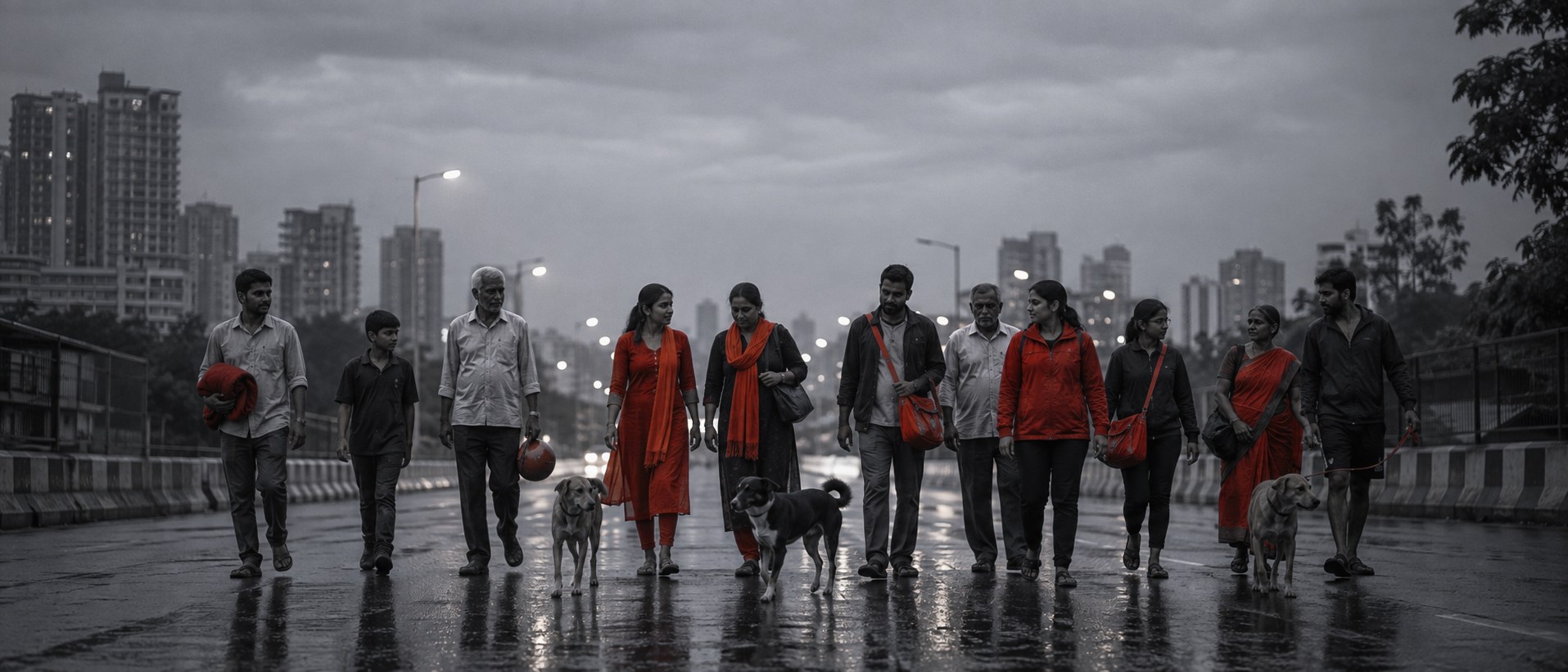 A dozen ordinary people of different ages walking together toward the camera down a wet city road at dusk, each carrying something red, three street dogs walking among them.