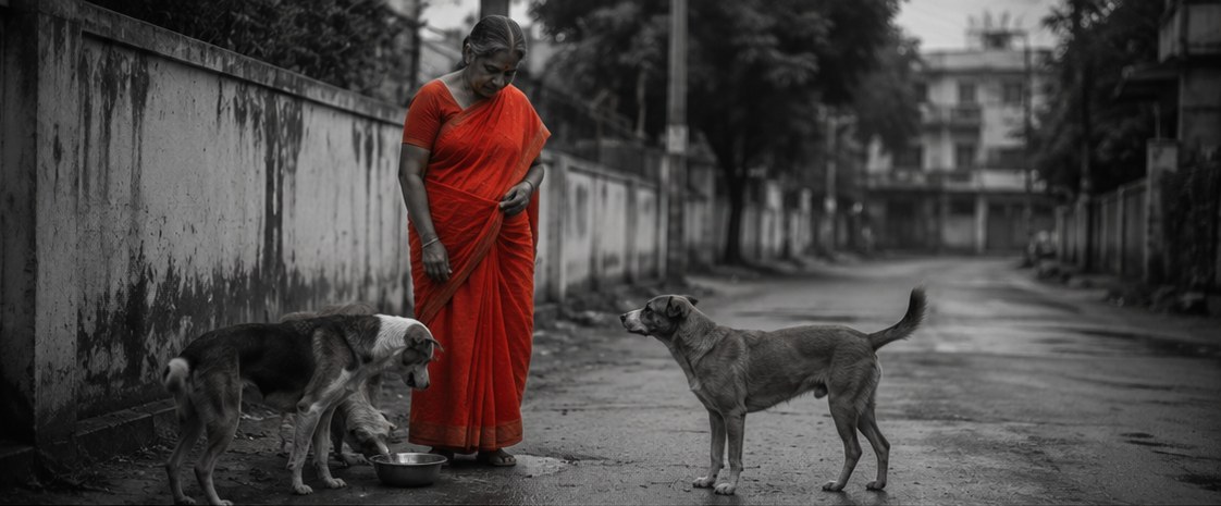 A woman in a red sari standing on a quiet lane while street dogs eat from a bowl at her feet.