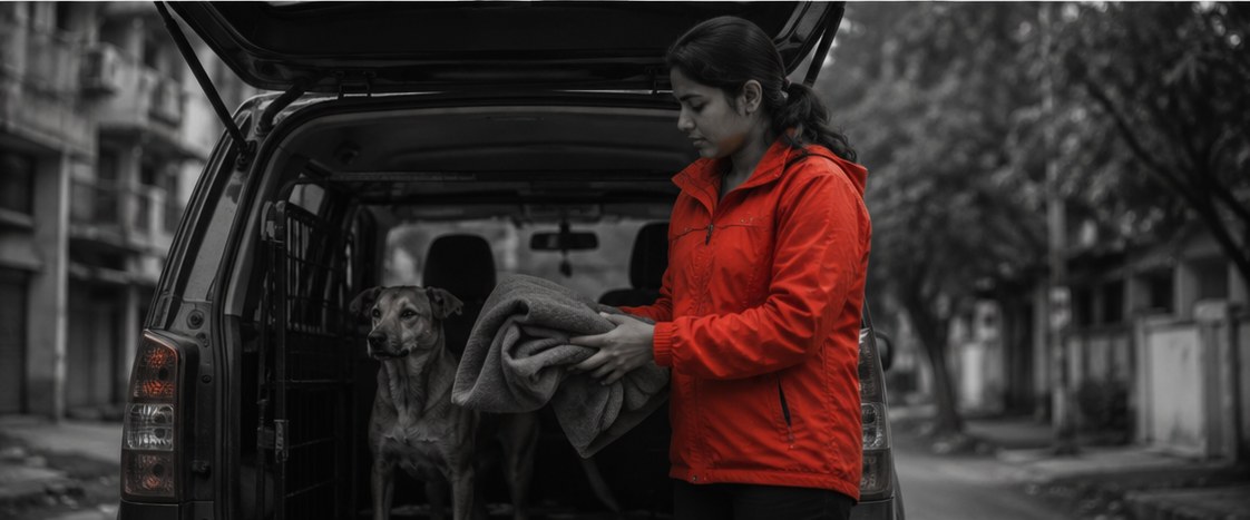 A woman in a red jacket at the open back of a van, holding a folded blanket, a calm dog inside.