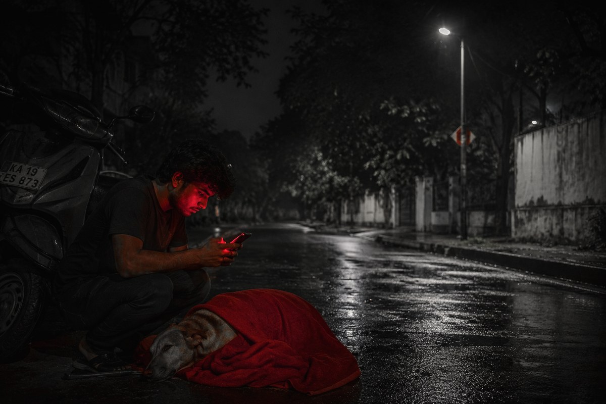 A man crouched beside a scooter on an empty wet street at night, the red glow of his phone on his face, a dog resting under a red blanket beside him.